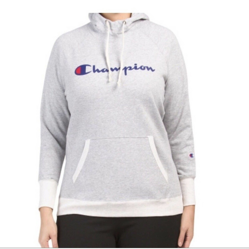 Champion Logo Powerblend Hoodie Heather Grey Plus 1X NWT